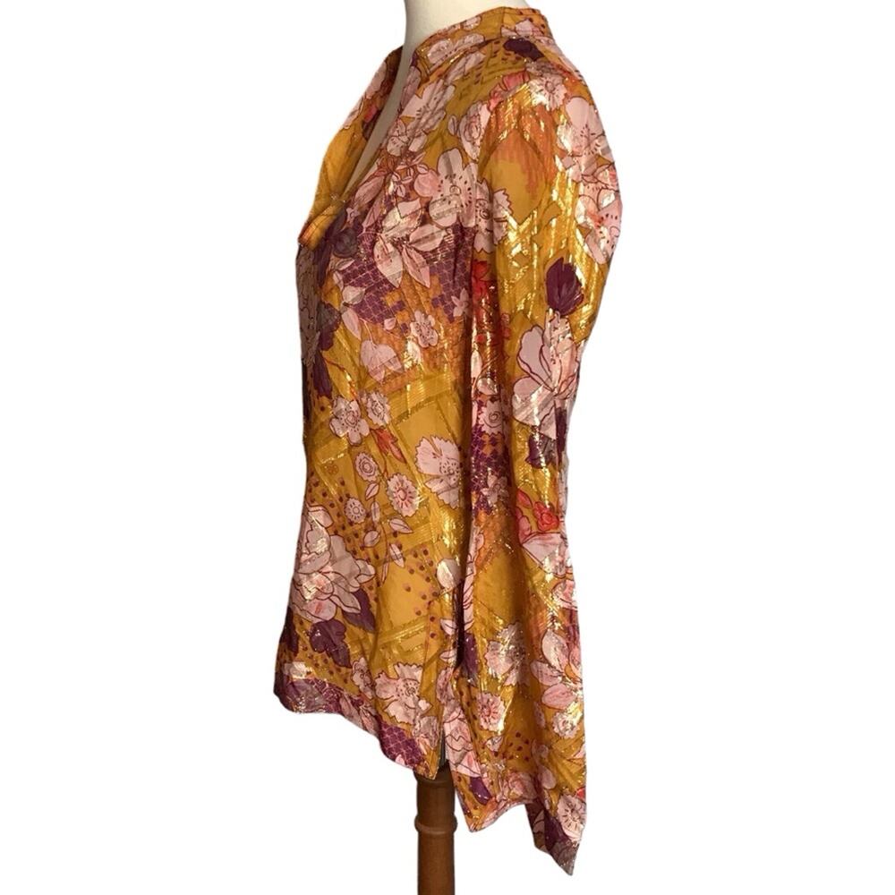 Tory Burch Metallic Silk Gold Orange Yellow Long Flutter Sleeve Tunic Blouse 6 - Picture 10 of 13